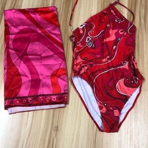 Emilio Pucci Red and Pink Abstract One Piece Swimsuit